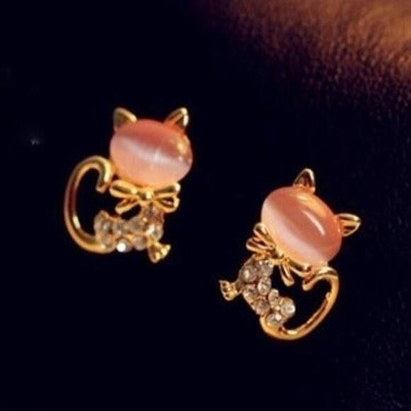 Small Pink Cat Stud Earrings Rhinestone & Opal Head NWOT - Picture 2 of 4